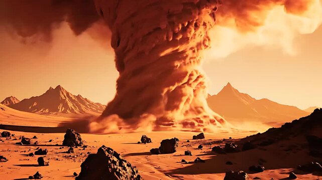 Massive sand tornado swirling across a barren desert landscape. Dust storm vortex moving through rocky mountains under an orange sky. Planetary disaster concept for sci-fi and environment themes.