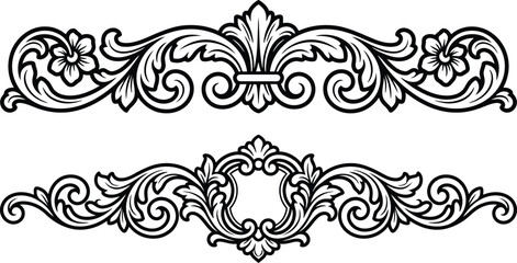 Fototapeta premium Assortment of stylish vintage baroque borders with floral scrollwork and ornamental damask patterns.