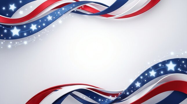 Patriotic American flag background with wavy red white and blue ribbons, festive stars and stripes border, elegant Fourth of July celebration frame