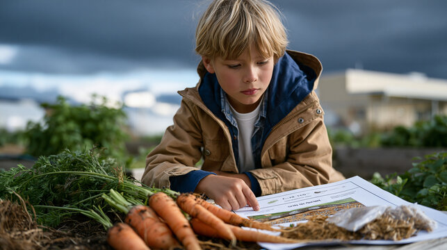 A child kneeling at garden level peering closely at a cross-section soil diagram displayed beside freshly pulled carrots and psyllium husks, fiber intake educational moment in a community garden set