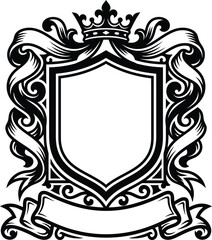 Obraz premium Graceful black and white heraldic shield vector drawing featuring a royal crown and blank scroll ribbon banners.