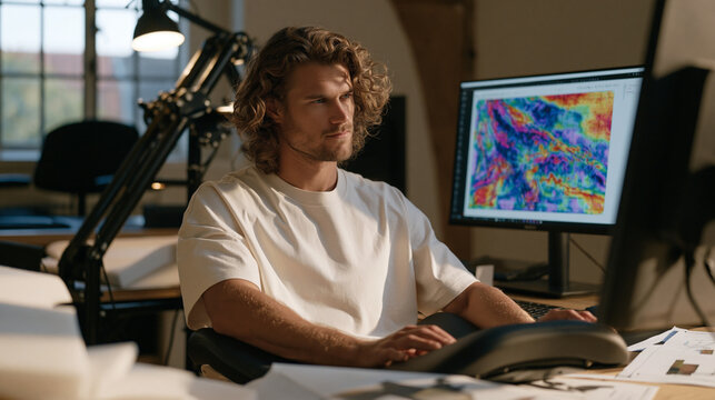Ergonomic product designer testing a prototype saddle stool against a custom-built lumbar pressure mapping rig in a product development studio, stress distribution heat map displaying on an adjacent