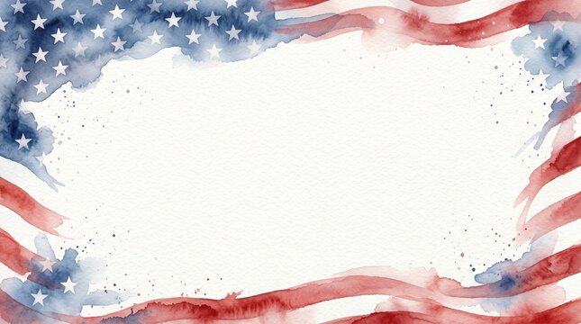 Watercolor American flag border with stars and stripes, patriotic USA frame for 4th of July, red white and blue artistic background for national holidays