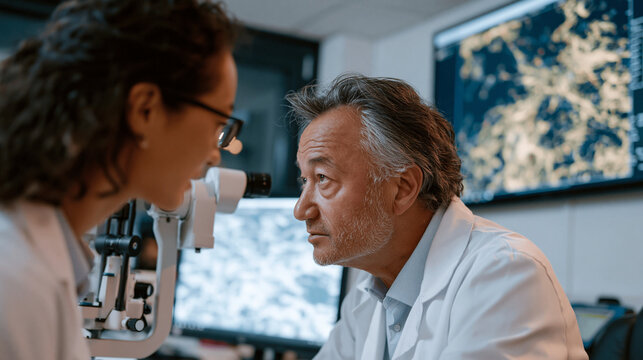 Ophthalmologist in a modern eye clinic guiding an anxious middle-aged man through an AI retinal scanning device, the darkened examination room illuminated only by the slit lamp glow, a wall-mounted 
