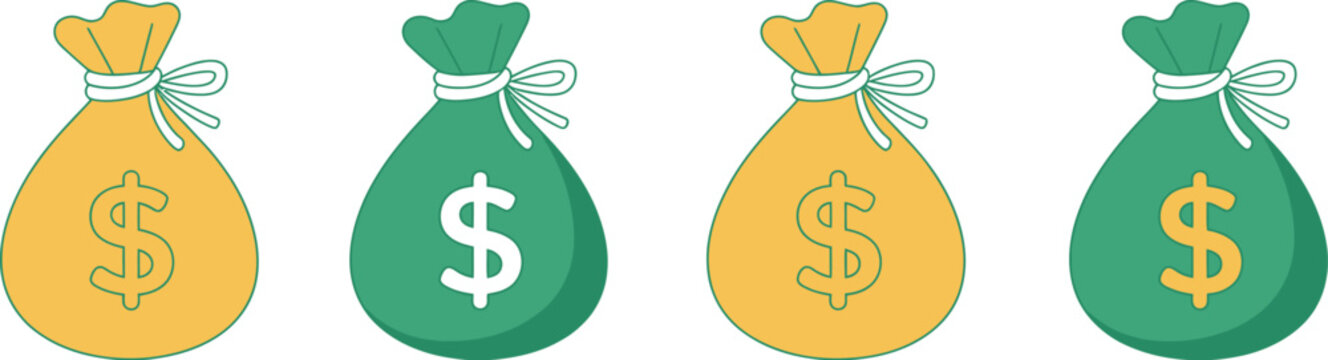 Money bag icon finance currency graphics cash savings symbols isolated vector collection representing wealth accumulation, investment funds and personal finance management visuals.