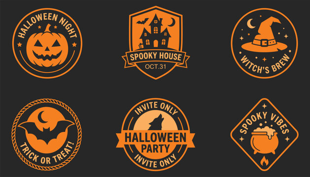 Collection of halloween themed stickers and labels on black background