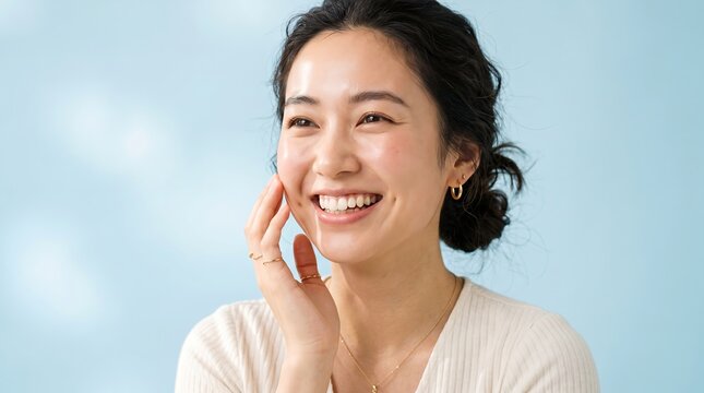 Cheerful Young East Asian Woman with Radiant Smile and Hand on Cheek