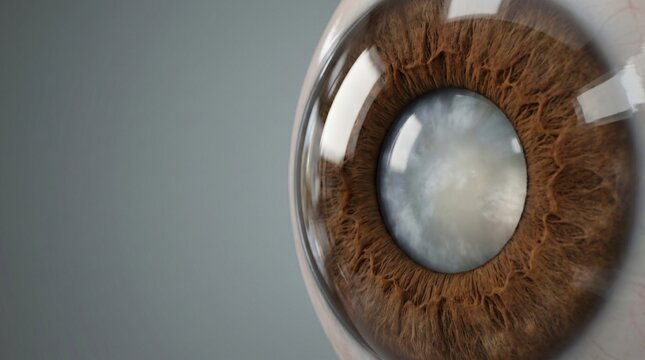 Detailed close up of a human eye with a brown iris showing lens opacity and cornea