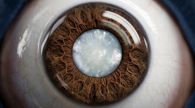 Extreme close up of a human brown iris with a cloudy cornea and blood vessels on the sclera