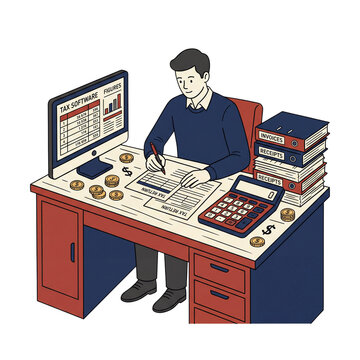 Accountant Working on Tax Return Forms with Financial Documents and Calculator Flat Illustration
