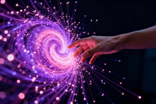 Hand touching glowing fiber optic strands