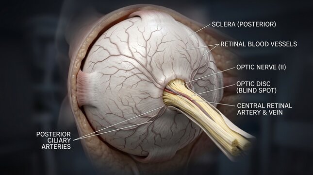 Anatomical diagram of the human eye showing sclera optic nerve and blood vessels