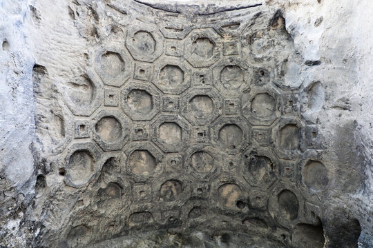Octagonal and square coffers decorating the ancient roman dome and ceiling structure of the temple of venus at baiae archaeological site