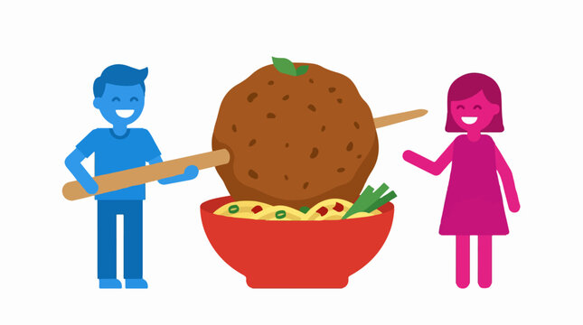 Happy couple with giant meatball over bowl of noodles