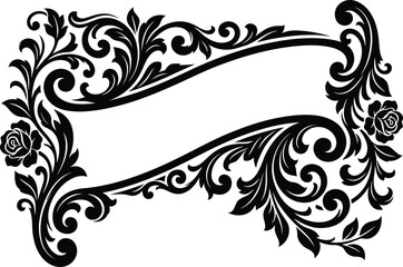 Fototapeta premium Graceful vintage baroque scroll frame with ornate floral flourishes and rose illustrations on white setting.