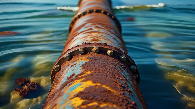Abstract View of Rusting Pipeline Structure in Ocean Water, Reminiscent of Naval Infrastructure and Maritime Decay