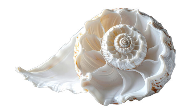 A detailed close-up showcases the intricate spiral patterns and pearly interior of a seashell against a stark black background.