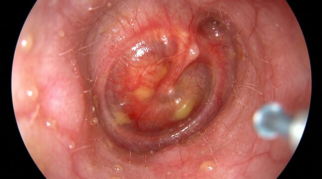 Close up view of human ear canal showing inflamed skin hair and cerumen deposits