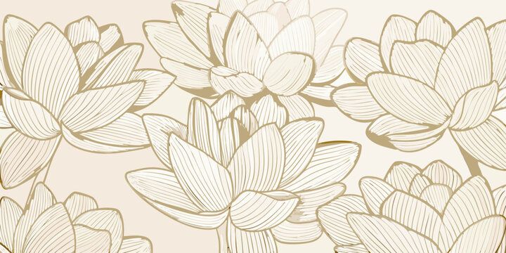 golden line drawing of lotus flowers elegant floral pattern on a beige background
