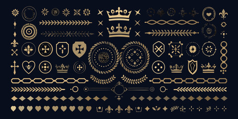 ornate gold emblems crowns shields and laurel wreathes on a dark background © Milon