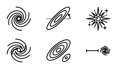 Cosmic Galaxy Icons, Spiral Nebula and Starburst Vector Set, Astronomy Space Graphics © Sanim