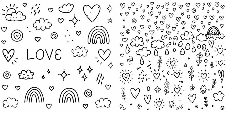 seamless pattern of black ink sketches with rainbows hearts clouds and the word love