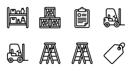 Warehouse Icons Set: Storage Shelves, Boxes, Clipboard, Forklifts, Ladders, Tag © Sanim