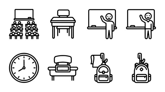 School Icons Set: Classroom, Students, Teacher, Desk, Clock, Backpacks, Education Vector Graphics