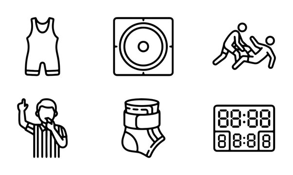Wrestling Icons Set: Referee, Singlet, Mat, Ankle Brace, Scoreboard, Athletes