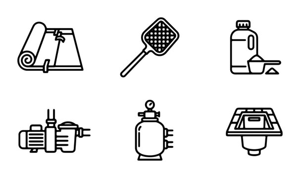 Pool Maintenance Icons Set: Solar Cover, Skimmer, Chemicals, Pump, Filter, Drain