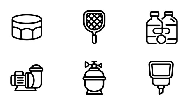 Pool Maintenance Icons: Pump, Skimmer, Chemicals, Filter, Chlorine, Cover Vector Set