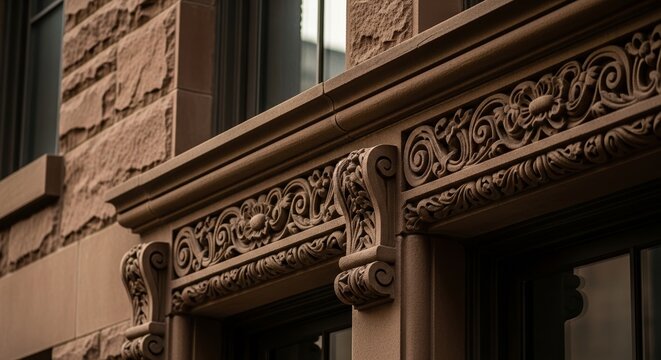 Vintage brownstone facade with intricate architectural detailing and stonework on windows.