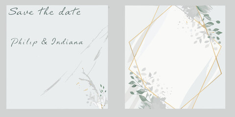 Watercolor wedding invitation card with gold foil geometric frame and eucalyptus leaves © Milon