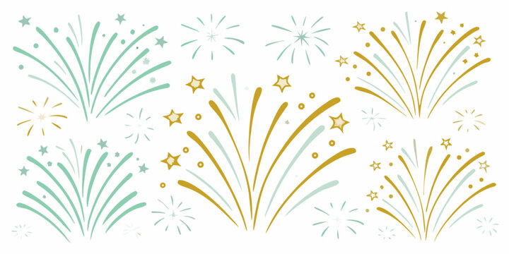 watercolor firework bursts in teal and gold with scattered stars on white background