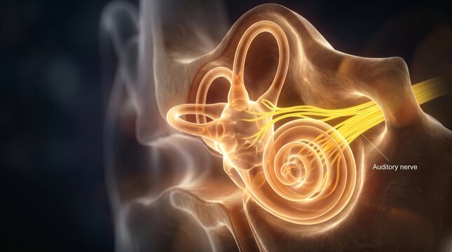 Detailed illustration of the human inner ear's cochlea and semicircular canals with auditory nerve