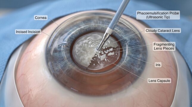 Close up illustration of phacoemulsification probe fragmenting cloudy cataract lens in human eye