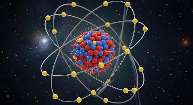 Atomic model, subatomic structure featuring dense nucleus protons neutrons, electrons orbiting energy shells, symbolizing fundamental quantum chemistry science, theoretical concept.