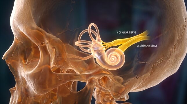 Inner ear anatomy cochlea and nerves detailed 3D render within human skull