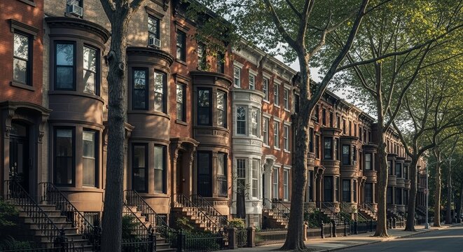 Charming suburban row houses with historical architecture lined along the street, showcasing brownstone facades and leafy green trees.