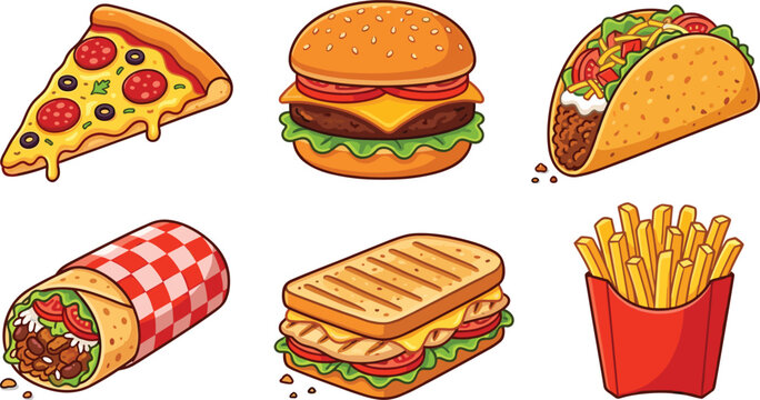 Fast Food Vector Icon Set Featuring Pizza Hamburger Taco Burrito Grilled Sandwich and French Fries