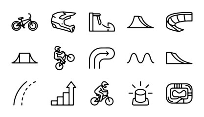Obraz premium BMX Bike Icons, Extreme Sports Gear, Ramp & Track Elements, Vector Set