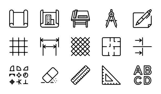 Architecture Icons, Blueprint Symbols, Drafting Tools, Engineering Graphics, Construction Elements