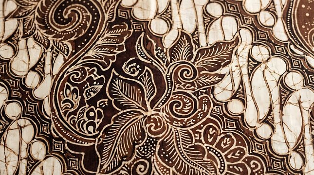Traditional Indonesian Batik Fabric Pattern with Brown Floral Motifs