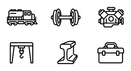 Industrial Icons Set: Train, Engine, Tools, Crane, Rail, Toolbox Vector Graphics © Sajid