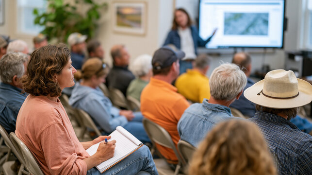 University researcher presenting yield prediction machine learning model projected onto whiteboard inside packed agricultural extension office, row farmers crowding folding chairs, scribbling notes 