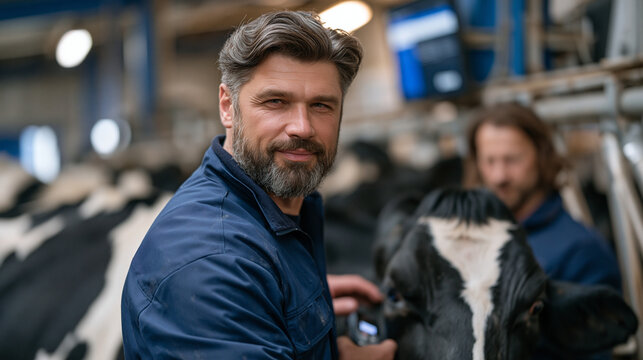 Veterinary technician pressing livestock health wearable sensor against the flank of restless dairy cow inside crowded milking parlor, herd health monitoring dashboard visible on wall-mounted tablet