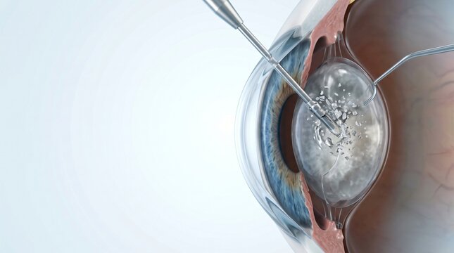 Eye surgery illustrating cataract removal with specialized surgical instruments