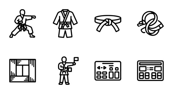 Martial Arts Icons Set: Karate Gi, Belt, Nunchucks, Fighter, Training Equipment