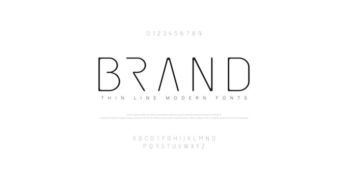 Brand, Abstract thin line font alphabet. Minimal modern fonts and numbers. Typography typeface uppercase lowercase and number. vector illustration
