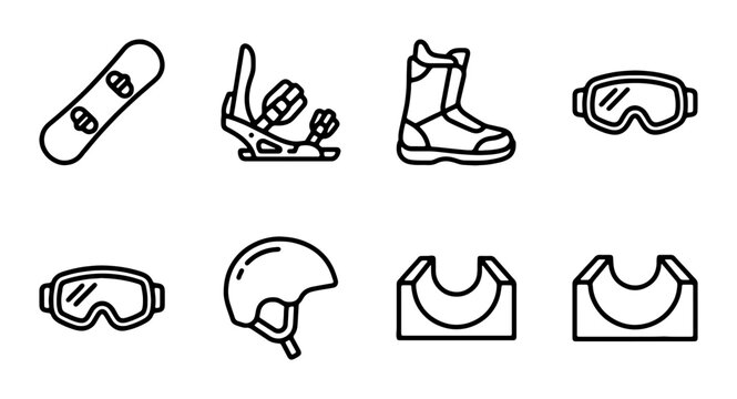Snowboarding Equipment Icons Set, Winter Sports Gear Vector Graphics, Action Sports Accessories Collection